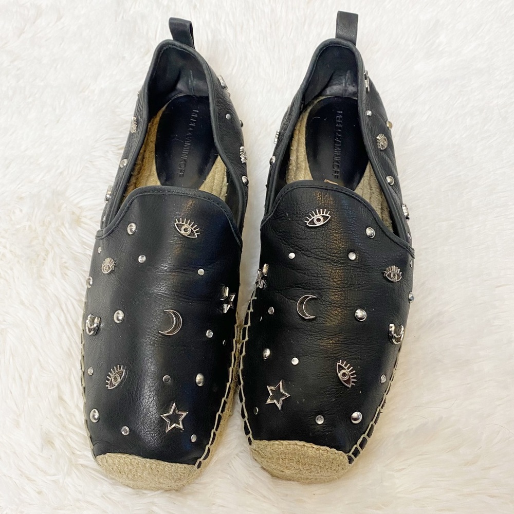 Rebecca Minkoff Black Leather Moon & Stars Charm Beatriz Espadrilles Women's 11M
